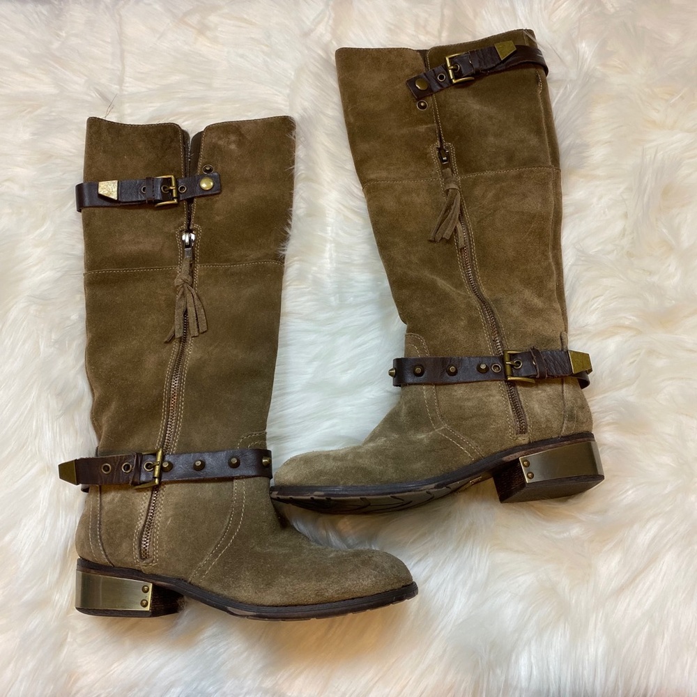 Very Volatile Suede Emperor Brown Gold Plated Knee High Zip Riding Boots - Picture 7 of 12